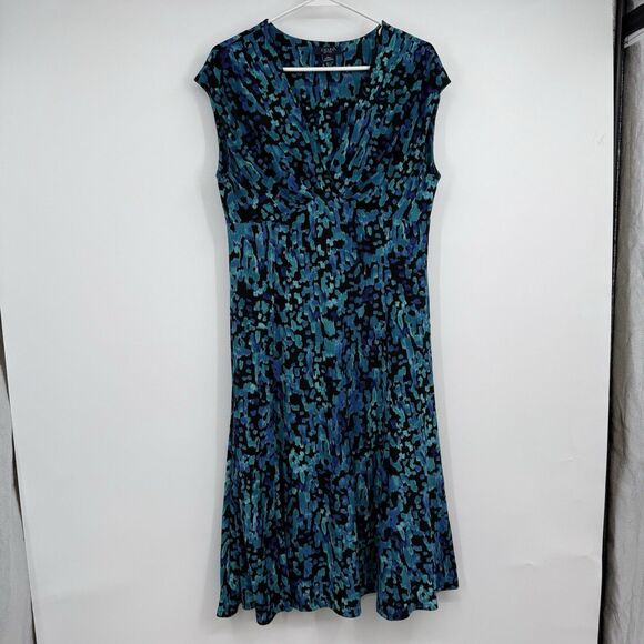 Chaps Womens Fit Flare SS Geometric Blue Midi Dress Casual Cruise Vacation - Picture 1 of 12